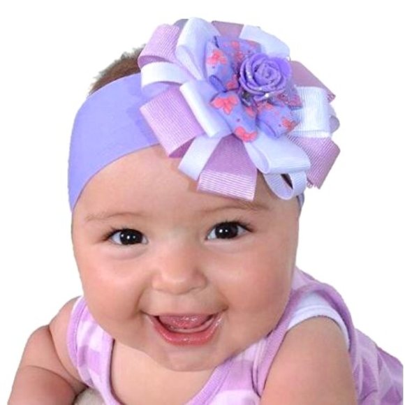 Baby Headband, Girl's Hairband Purple & Pale Pink with Purple Flower - Picture 1 of 2